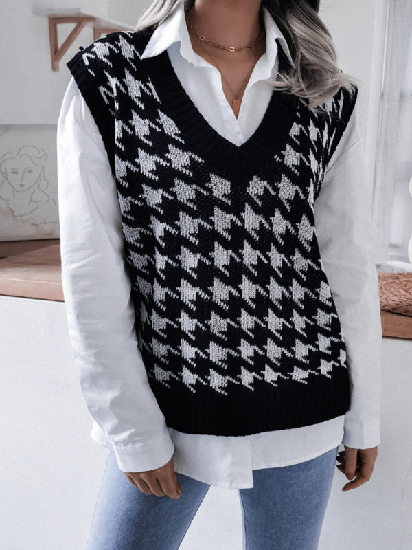 Women's V-neck thousand bird lattice casual loose knit vest sweater