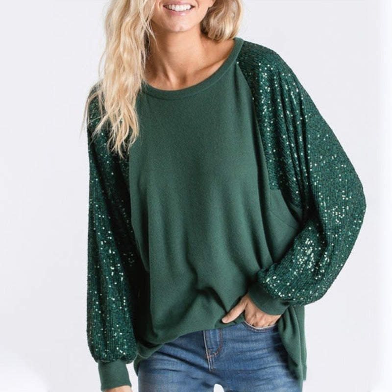 Sequin Stitching Women's Round Neck Loose Raglan Sleeve Fashion Top