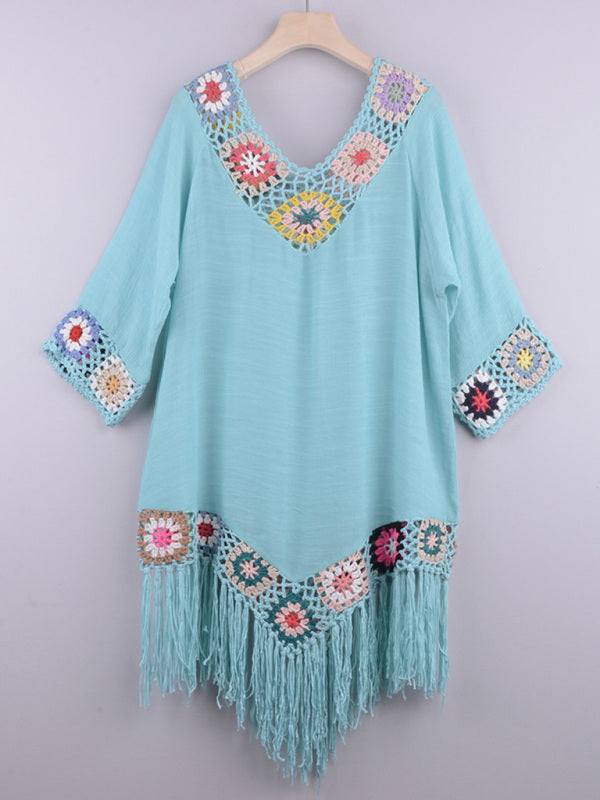 Three-quarter sleeve chain link flower splicing irregular tassel anti-sun blouse ethnic style dress