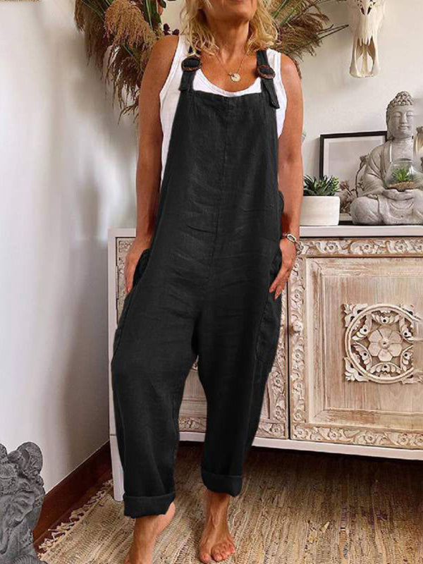 Wide-leg jumpsuit women's adjustable buckle cotton and linen pocket overalls