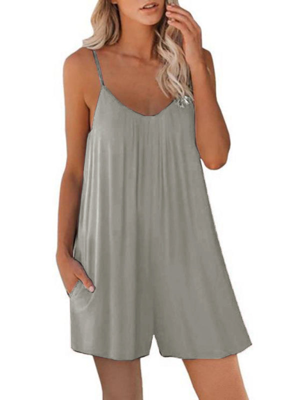 Women's Casual Suspender Shorts Solid Color Round Neck Loose Pocket Jumpsuit