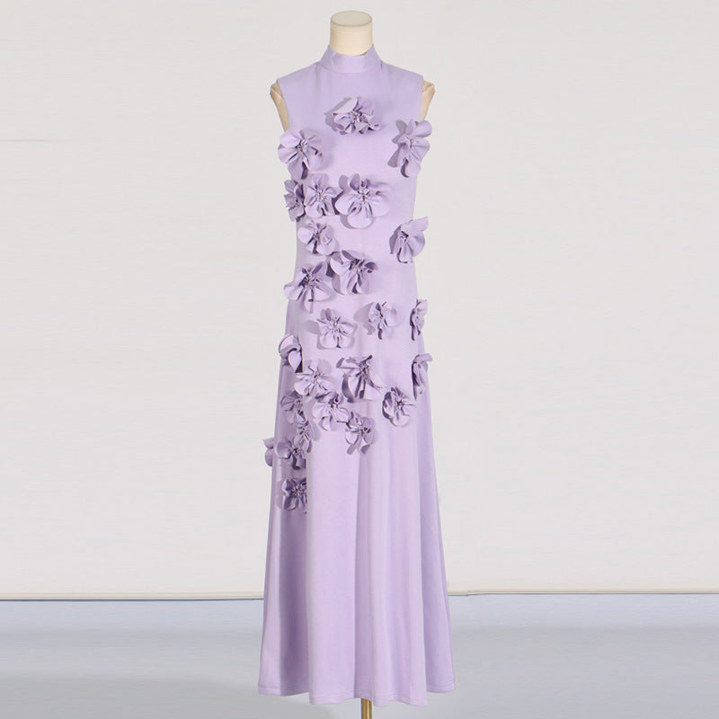 Women's Stand Collar Sleeveless Solid Color Three-Dimensional Flower Collage Design Long Dress