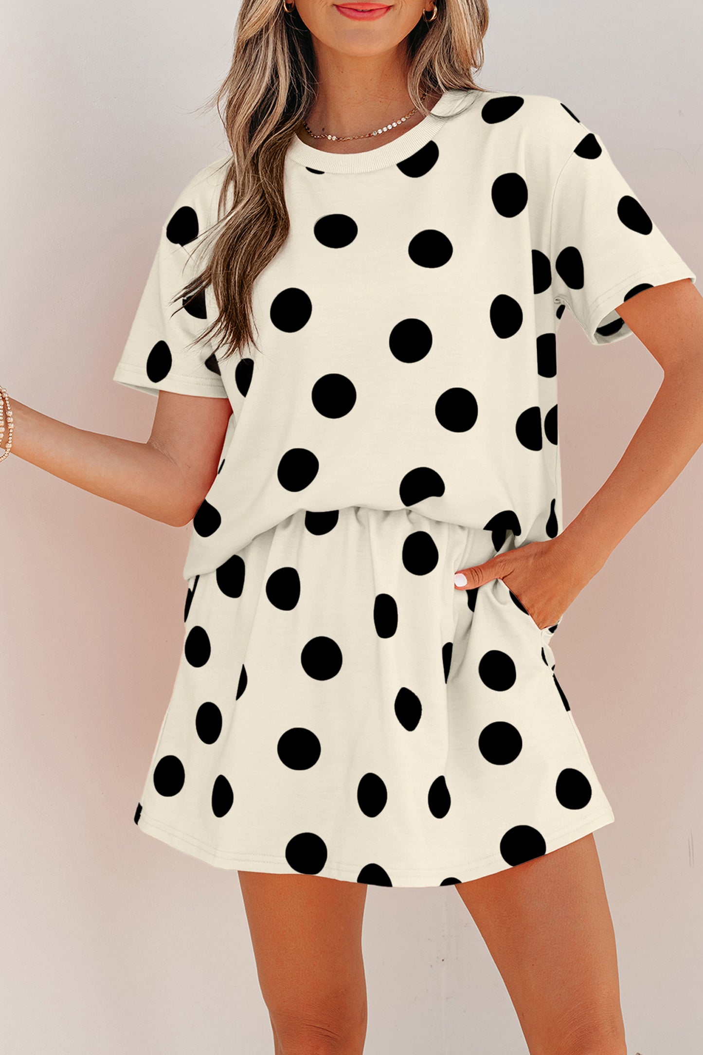 Sky Blue Polka Dot Short Sleeve Top Casual Skort 2pcs Outfit