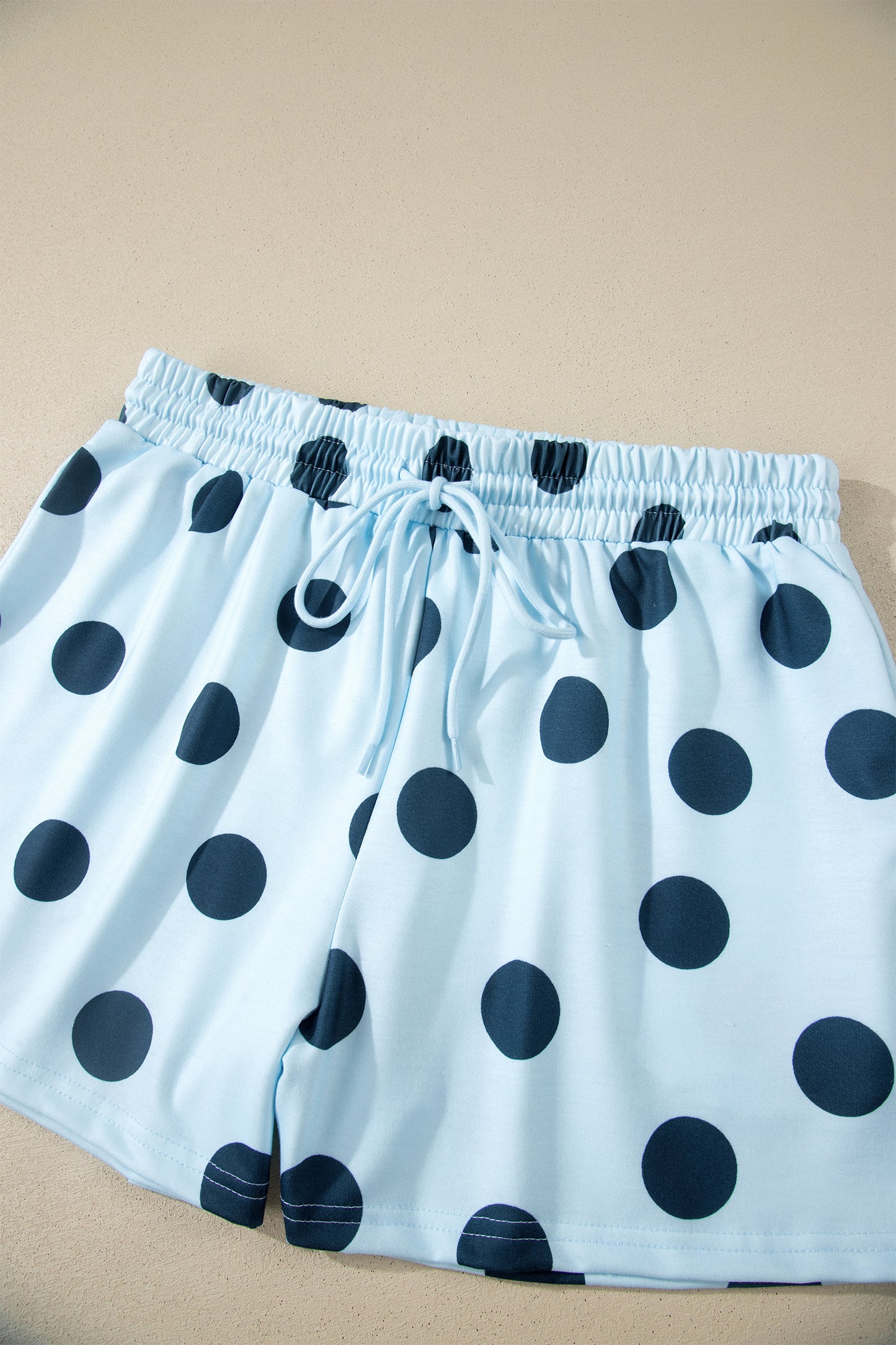 Black Polka Dot Print Loose Tee Drawstring Elastic Waist Short Set