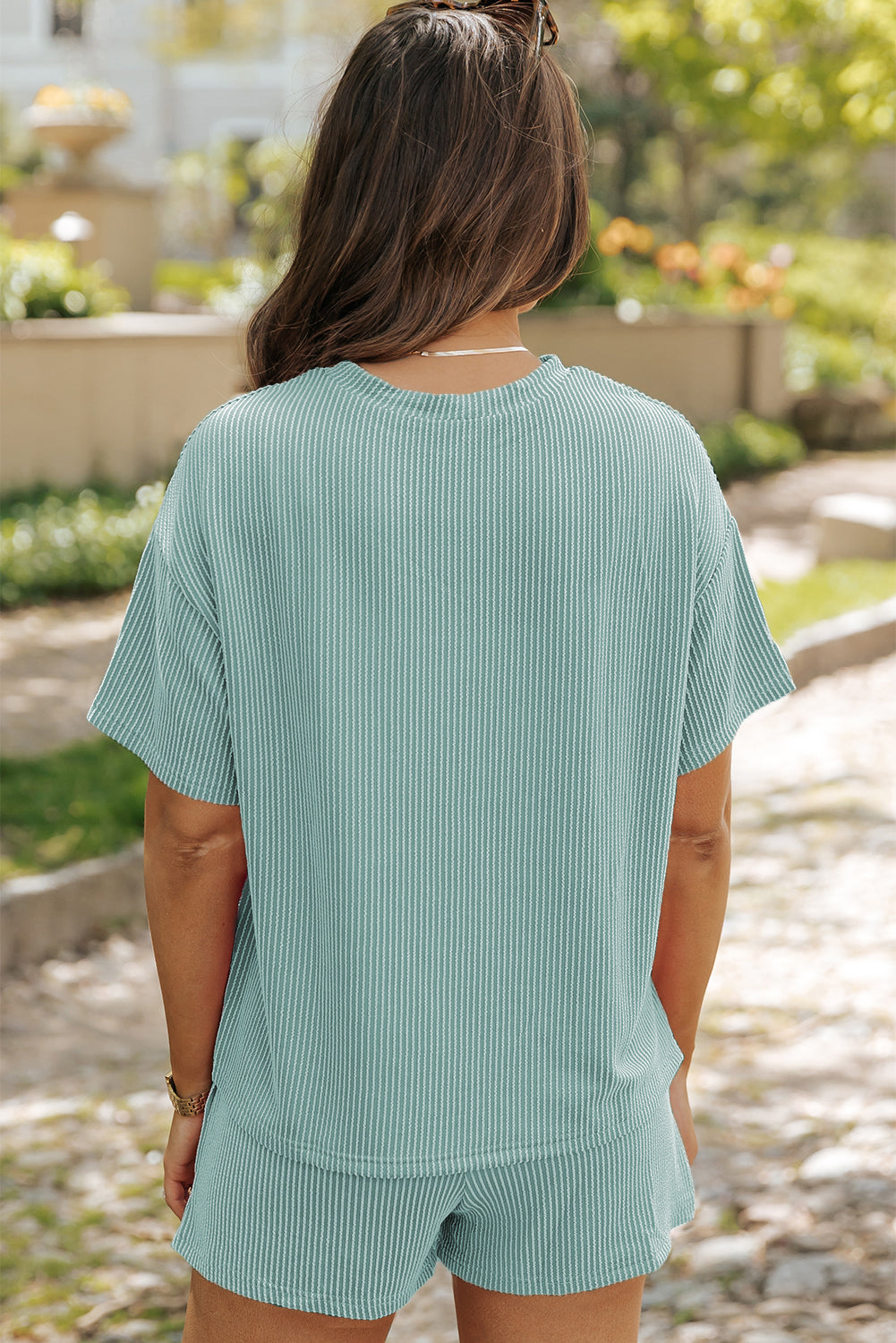 Phalaenopsis Ribbed Textured Knit Loose Fit Tee and Shorts Set