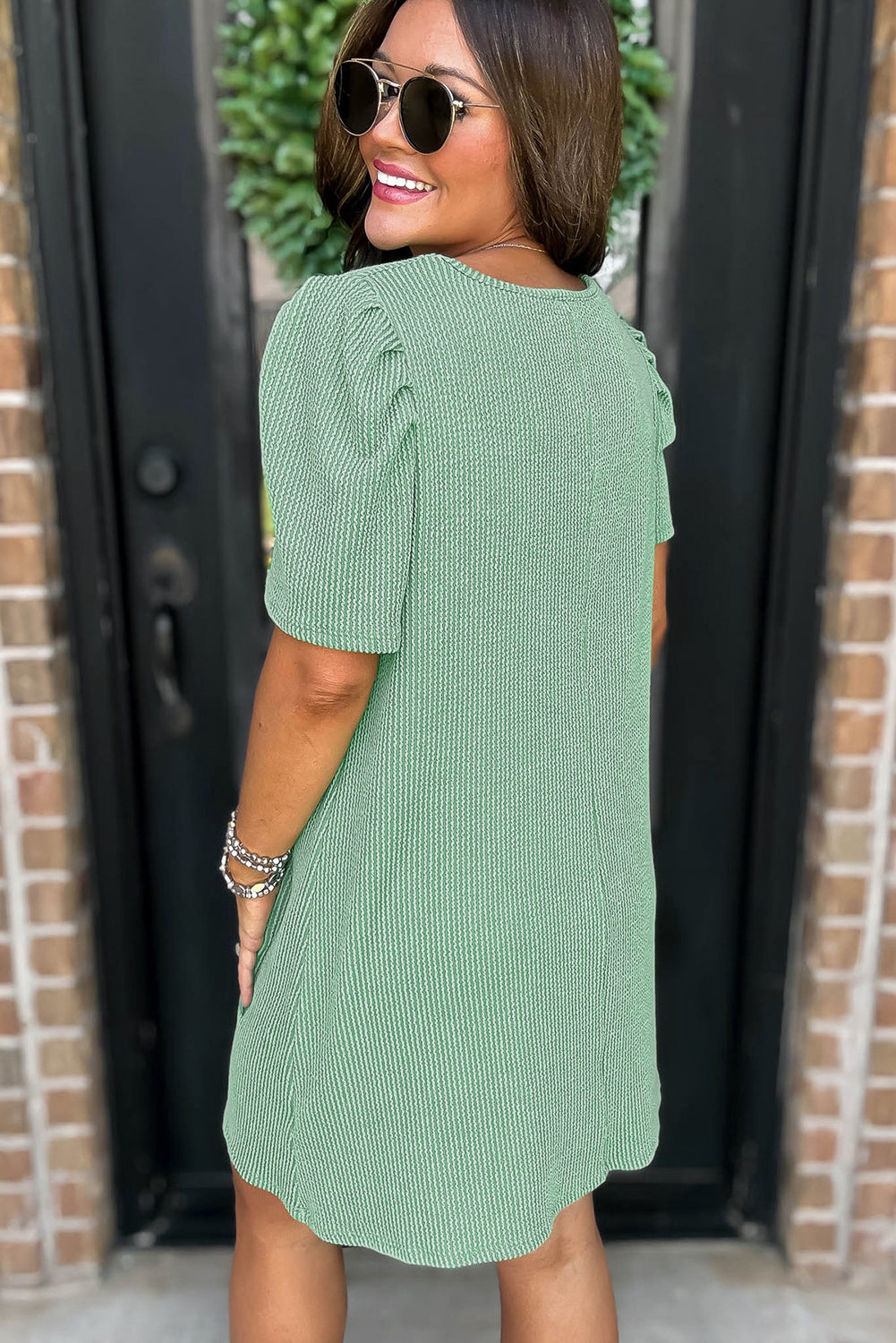 Blossom Corded Knit Crew Neck Puff Sleeve Shift Mini Dress