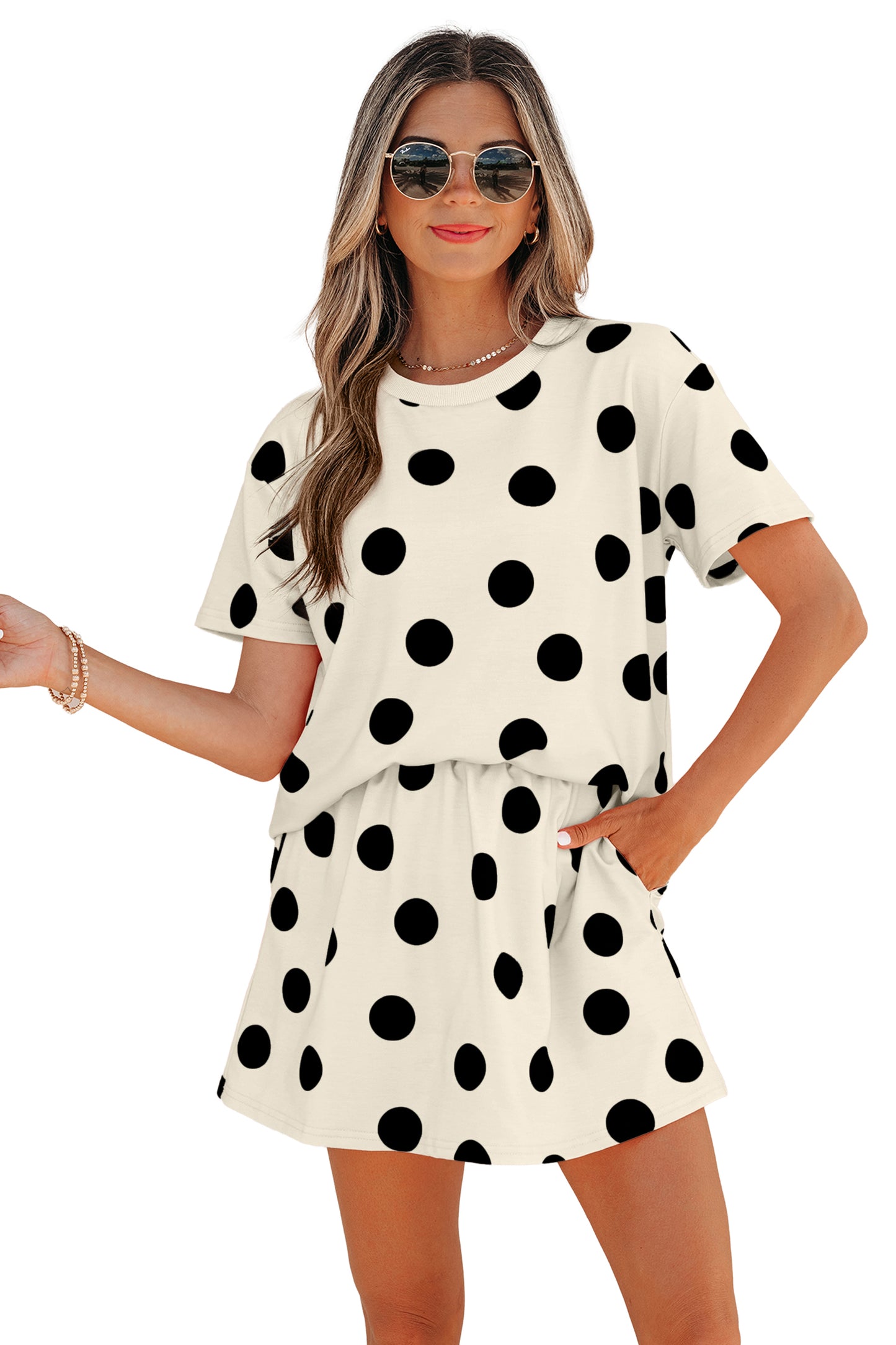 Sky Blue Polka Dot Short Sleeve Top Casual Skort 2pcs Outfit