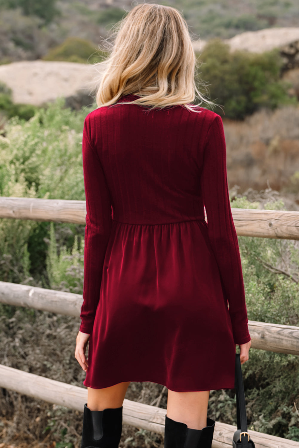 Black Frilled Neck Ribbed Knit Patchwork Long Sleeve Mini Dress