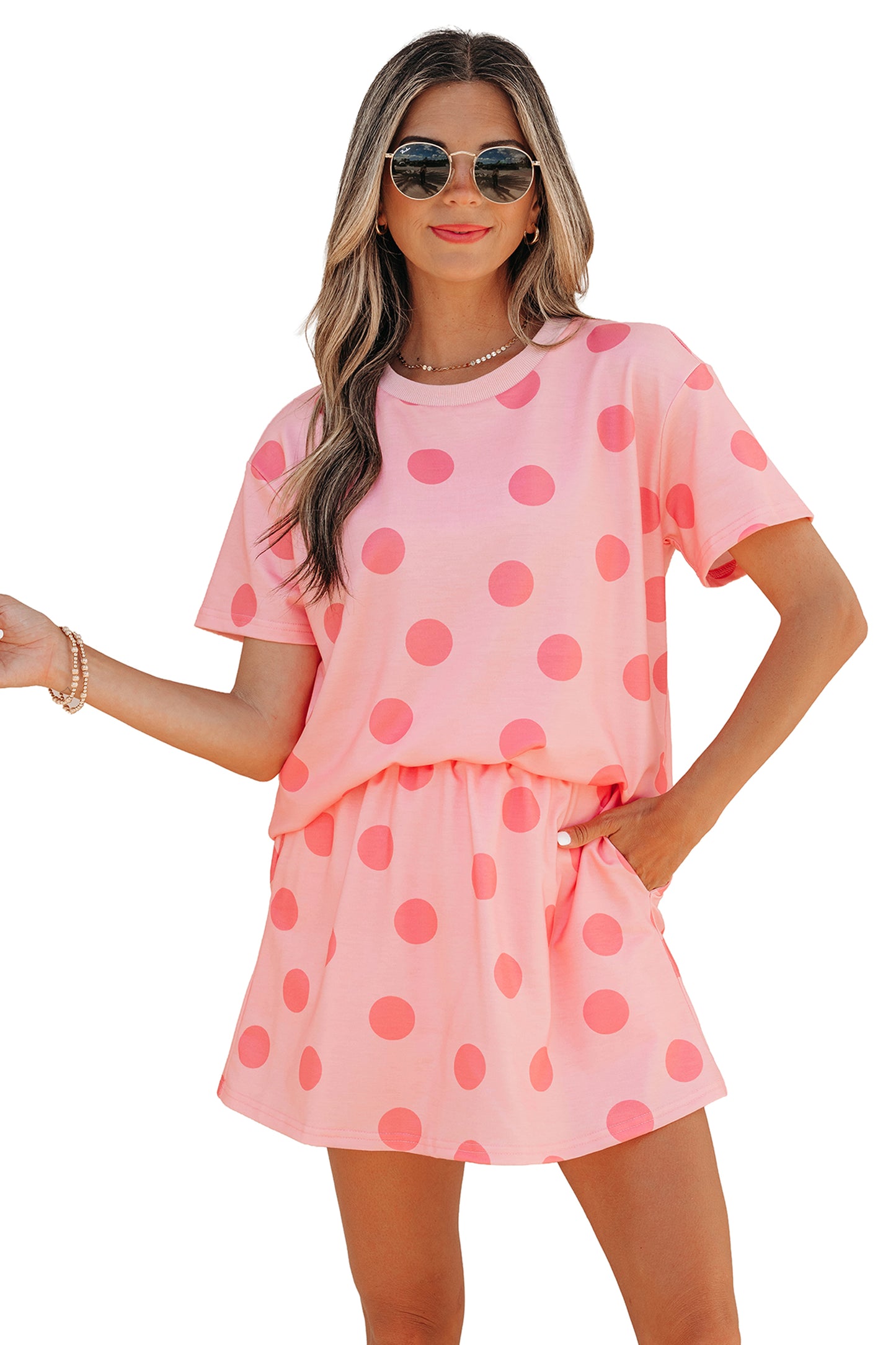 Sky Blue Polka Dot Short Sleeve Top Casual Skort 2pcs Outfit