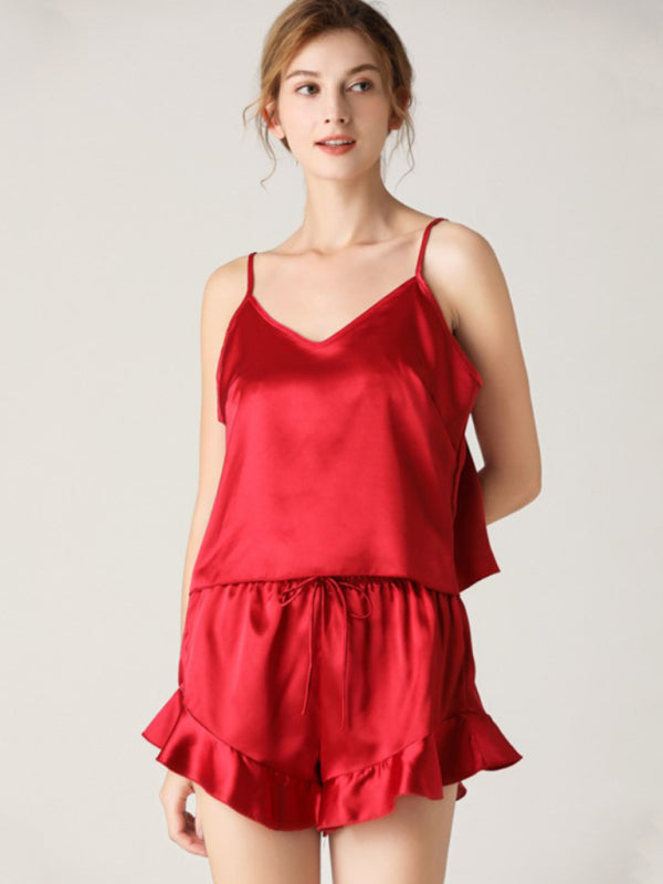 Women's Solid Color V-Neck Camisole + Shorts Pajamas Two-Piece Set