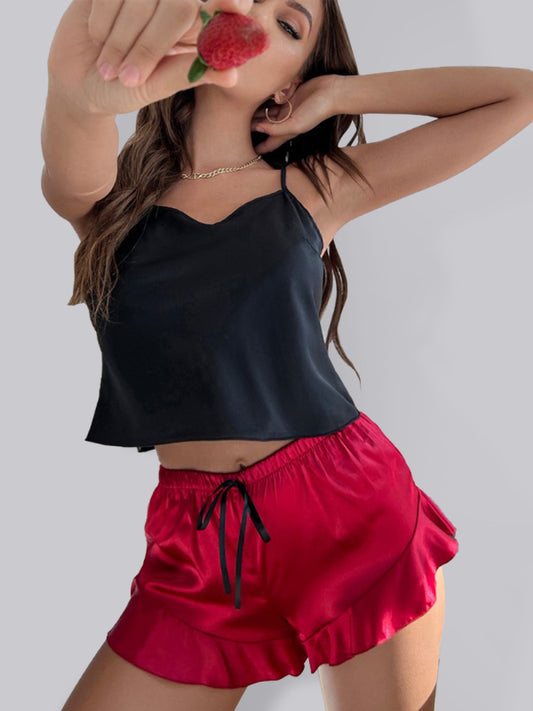 Women's Contrasting Color Camisole + Shorts Pajamas Two-Piece Set