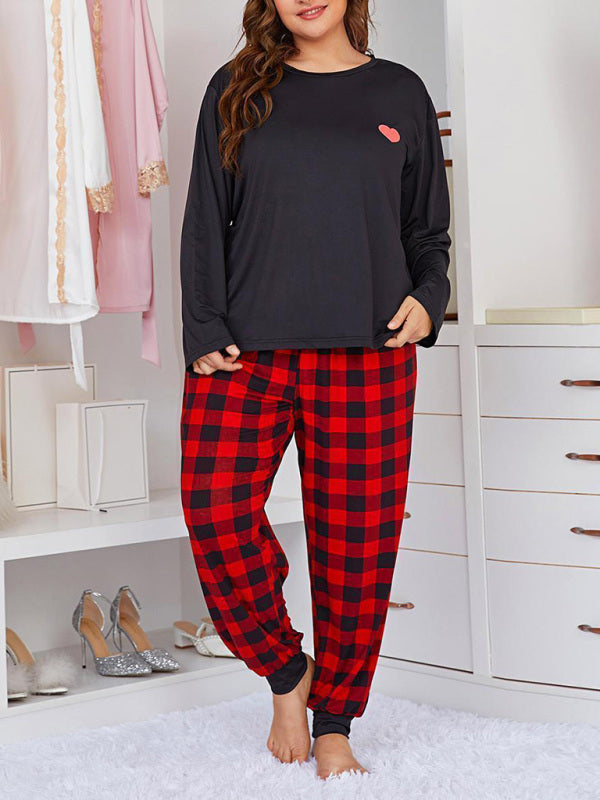 Plus Size Women's Long Sleeve Plaid Trousers Home Pajamas Set