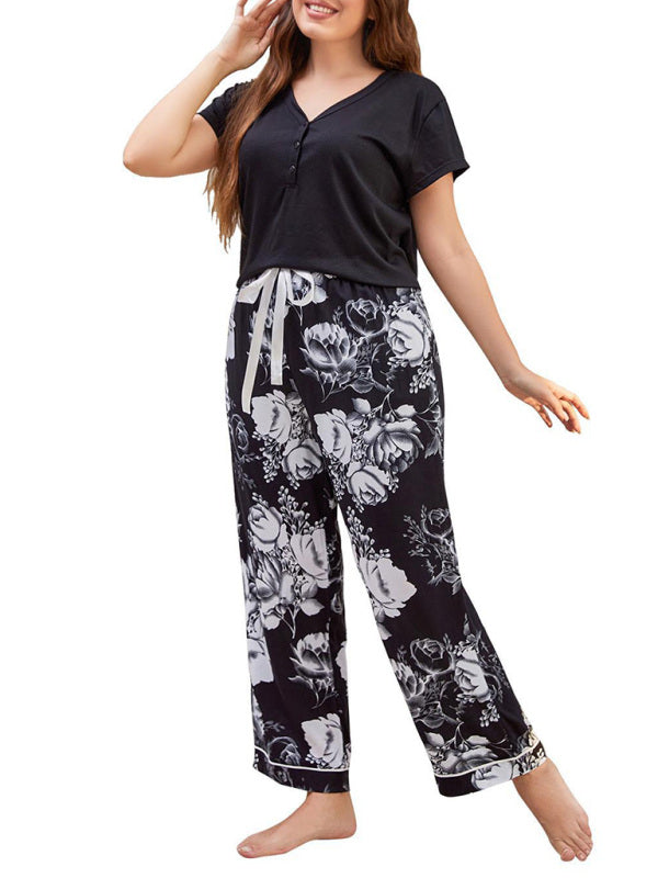 Plus Size women's V Neck Short Sleeve T-Shirt Floral Trousers Home Pajamas Set