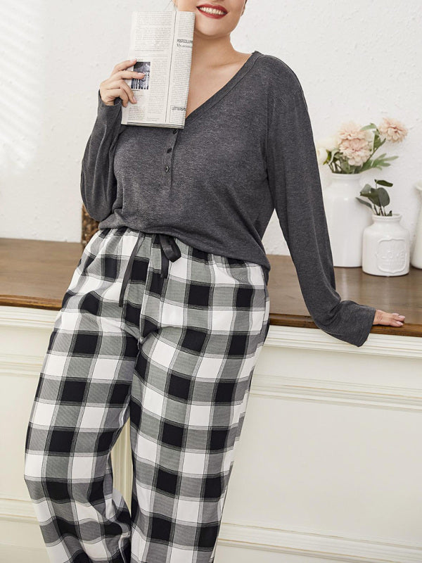 Plus size women's V-neck long-sleeved T-shirt plaid trousers home pajamas set