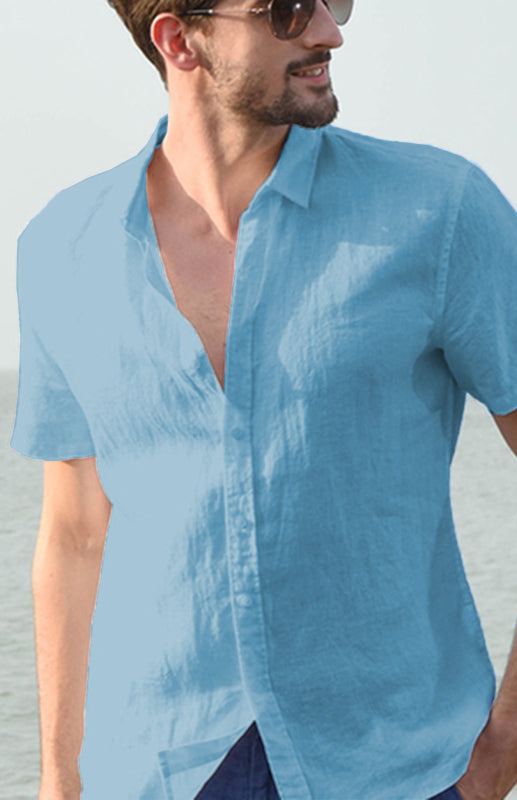 Men's Casual Linen Lapel Button Short-Sleeved Shirt