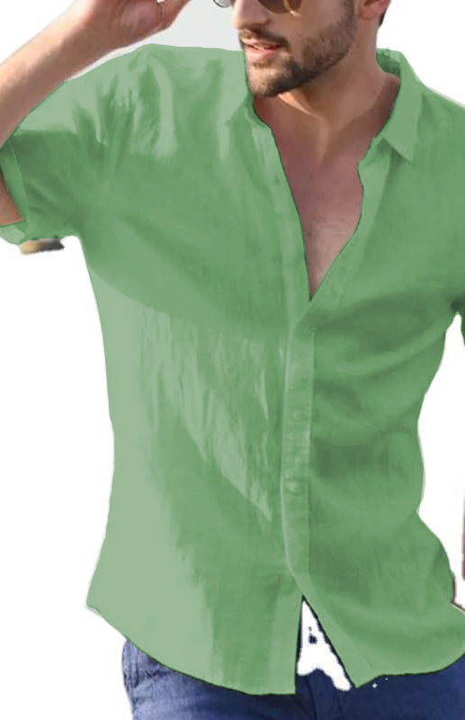 Men's Casual Linen Lapel Button Short-Sleeved Shirt