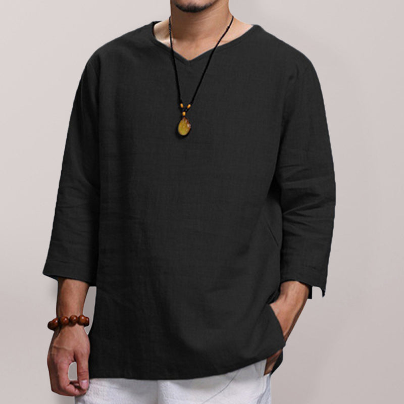 Men's Long Sleeve V Neck Cotton Linen Loose Shirt