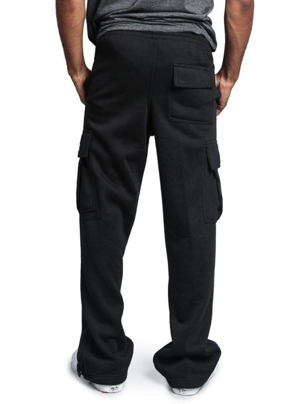 Men's Solid color elastic waist multi-pocket loose fit cargo pants