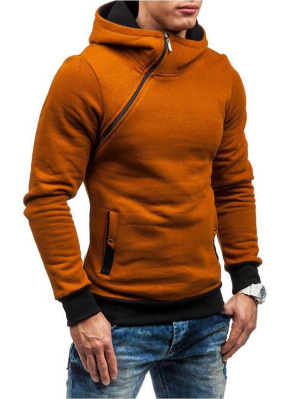 Men's diagonal zipper solid color long-sleeved hoodie