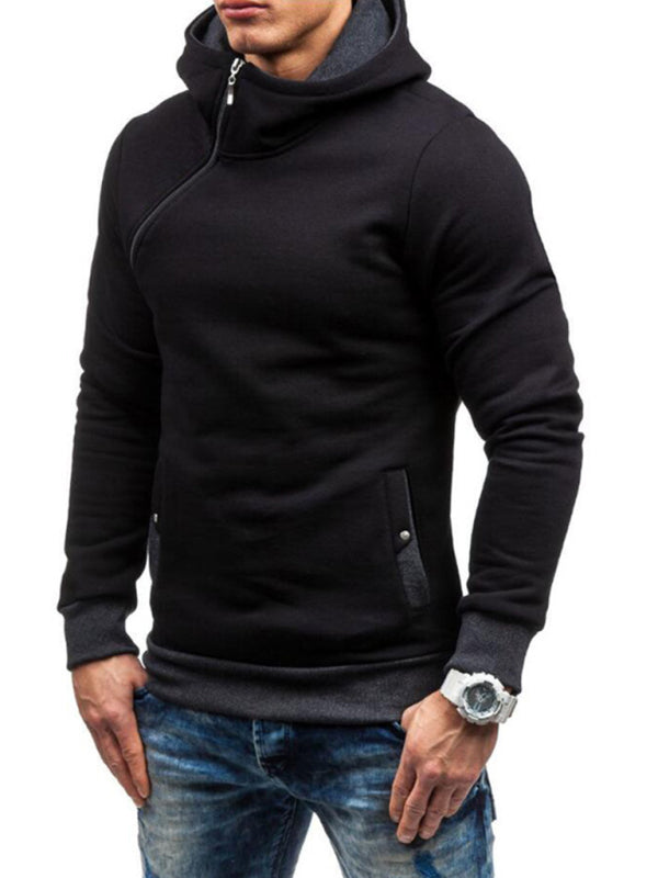 Men's diagonal zipper solid color long-sleeved hoodie