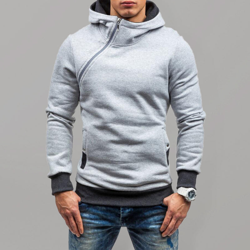 Men's diagonal zipper solid color long-sleeved hoodie