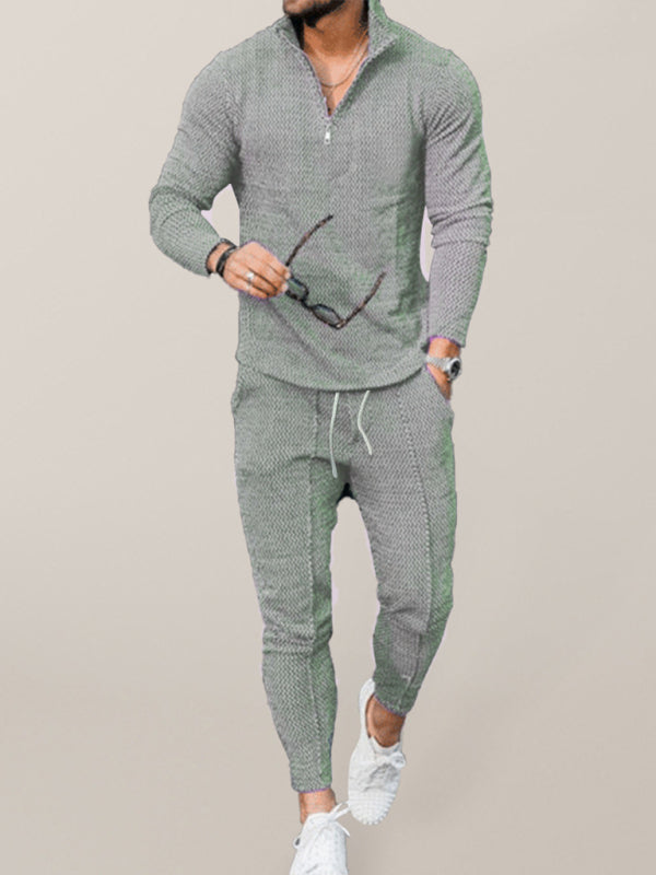 Men's Textured Casual Half Zipper Stand Collar Suits