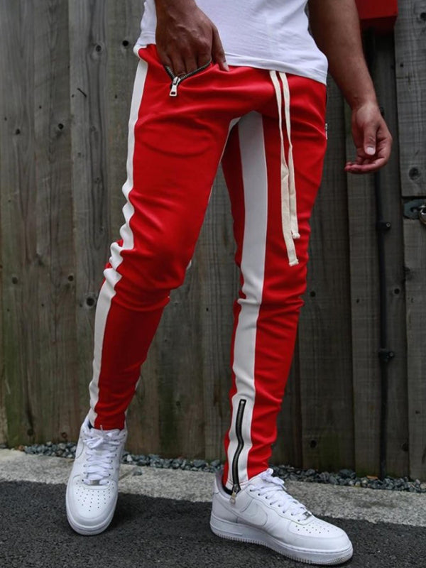 Men's color-block casual double-pocket multi-zipper sportspants