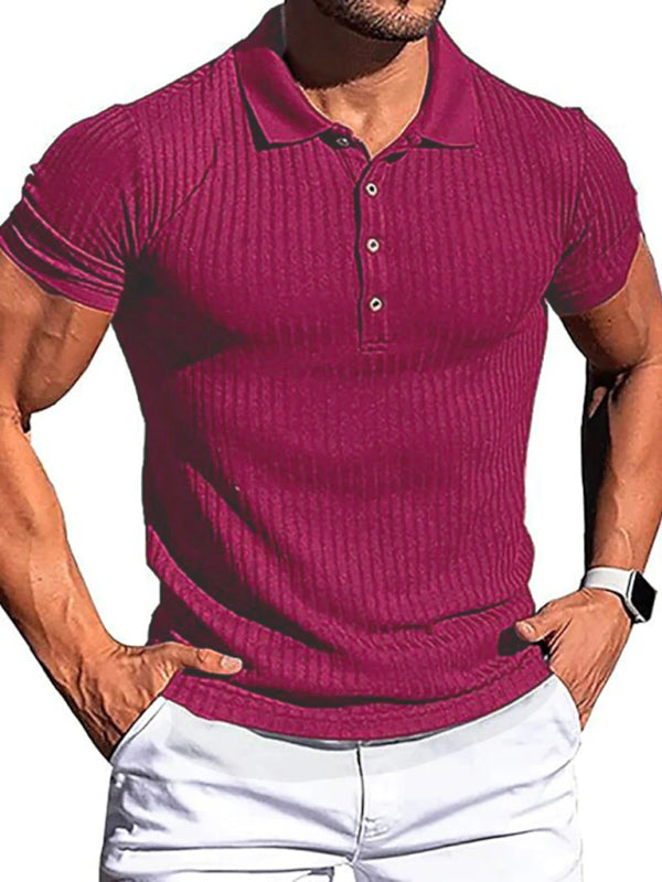 New Men's High Stretch Vertical Stripe Long Sleeve POLO Shirt Slim Fit Short Sleeve Polo Shirt