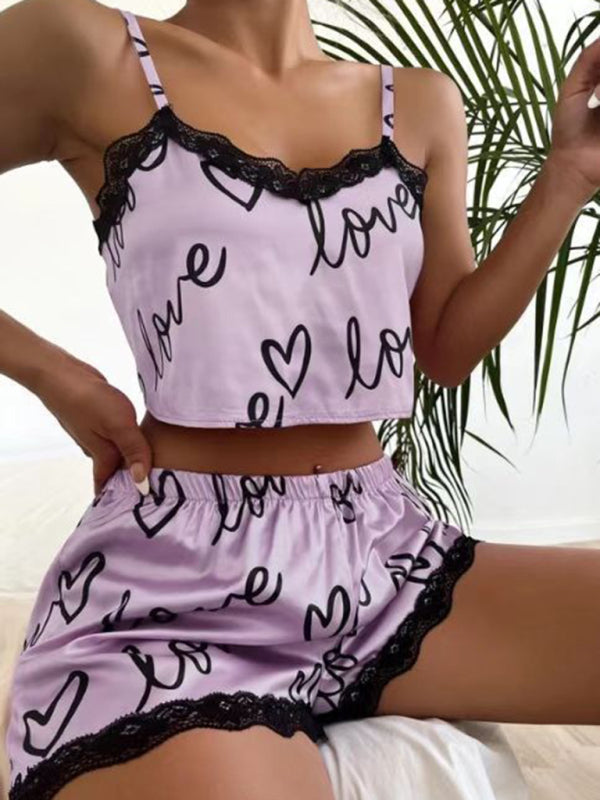 Cute Love Print Pajamas Homewear Fashion Lace Stitching Suspender Set