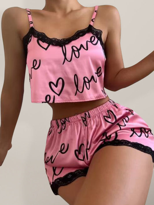 Cute Love Print Pajamas Homewear Fashion Lace Stitching Suspender Set