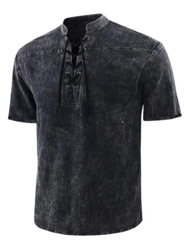 Men's Woven Retro Lace Up Collar Casual Short Sleeve Shirt