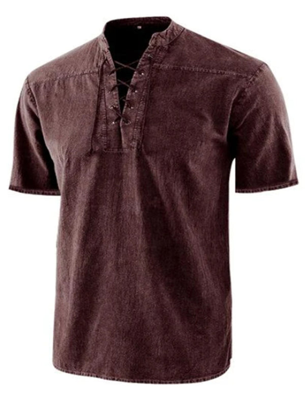 Men's Woven Retro Lace Up Collar Casual Short Sleeve Shirt