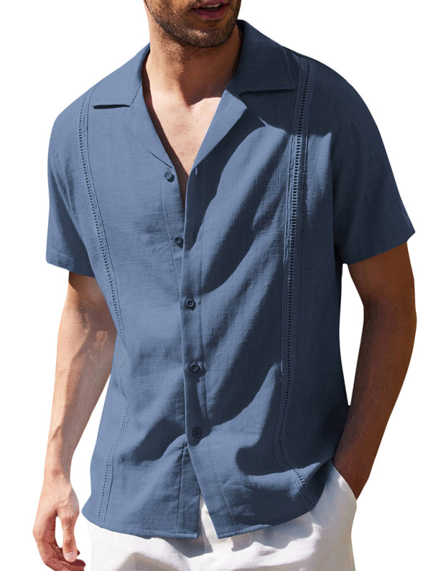 Men's Loose Casual Linen Shirt Cuban Guayabera Short Sleeve Beach Shirt