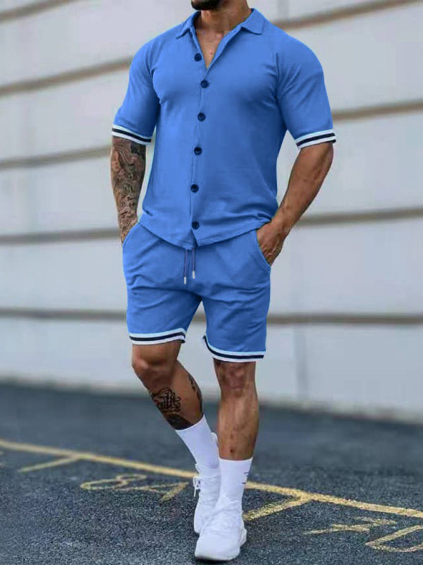 Men's color contrast lapel short-sleeved shirt + shorts two-piece suit