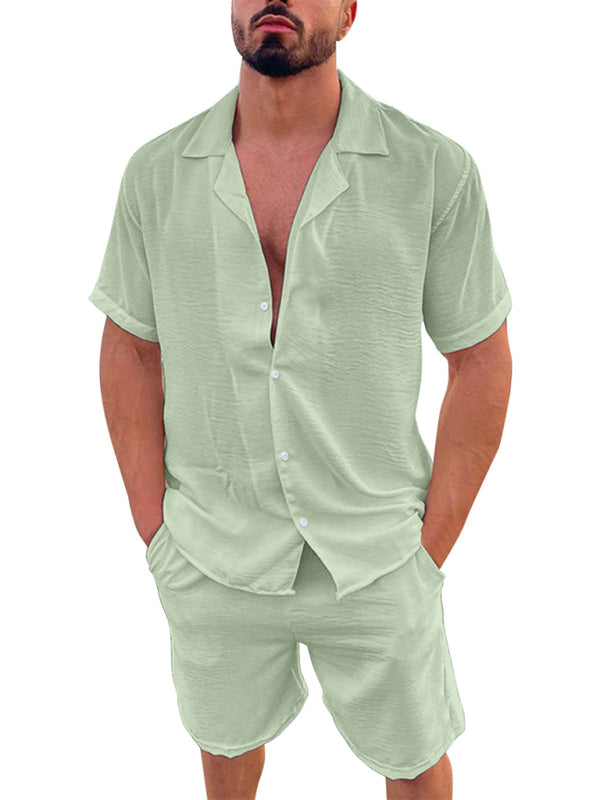 Men's Summer Lapel Cotton Linen Solid Color Short Sleeve Shorts Set