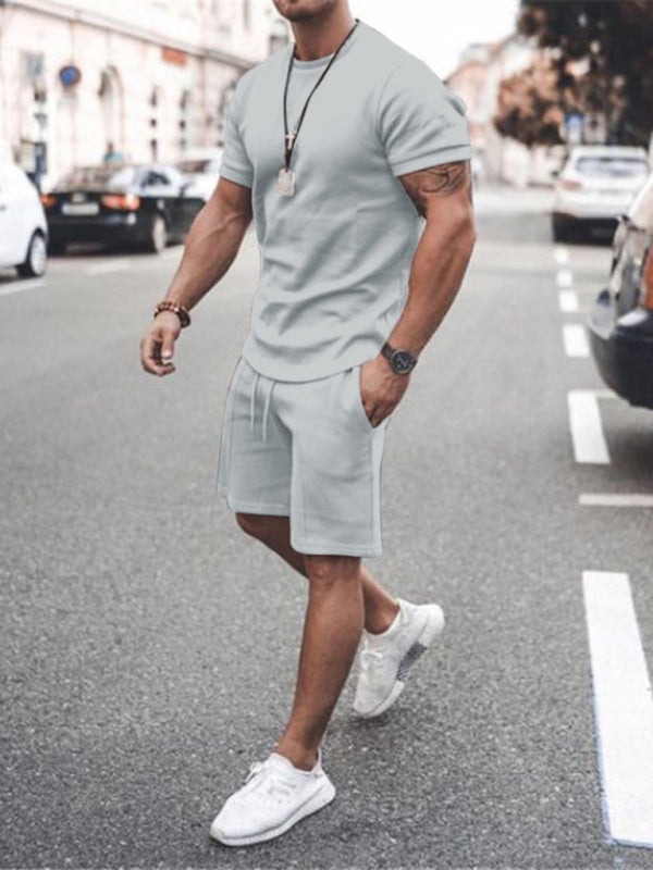 New Men's Casual Solid Color Short Sleeve Shorts Two-Piece Set