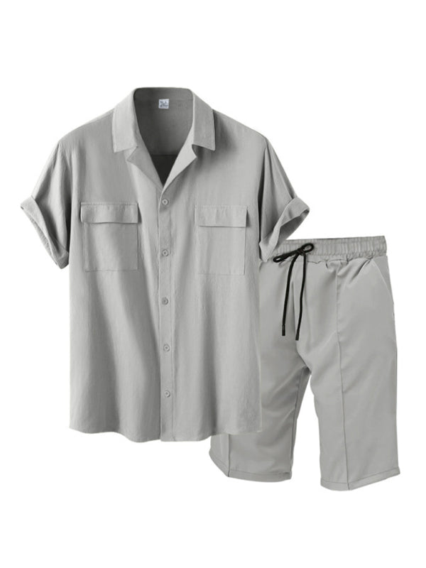 New men's new lapel casual shirt shorts two-piece set