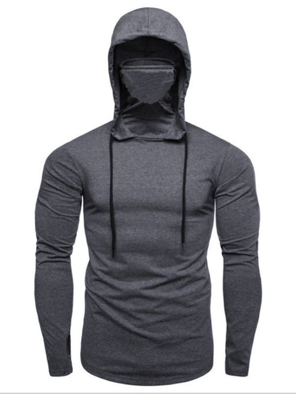 Men's new fitness cycling solid color elastic mask hooded pullover long-sleeved T-shirt sweatshirt