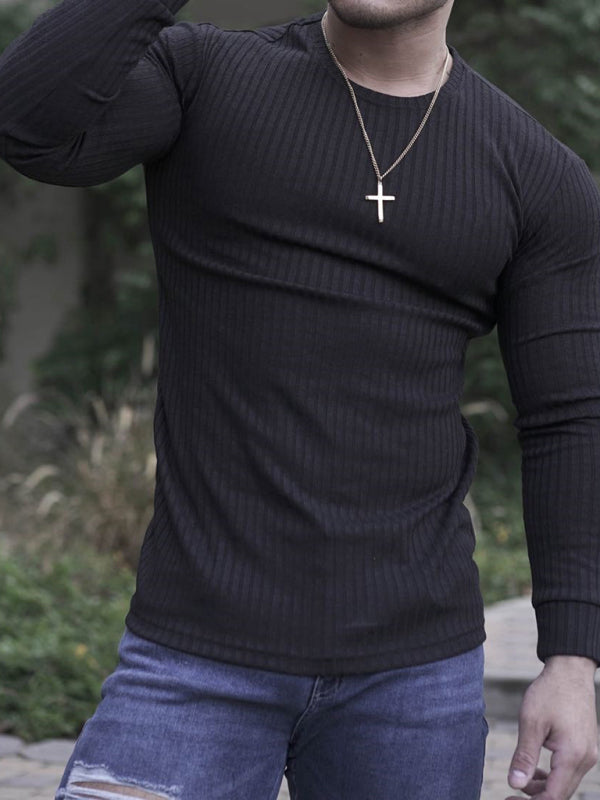 Fitness casual elastic vertical stripe round neck long-sleeved T-shirt