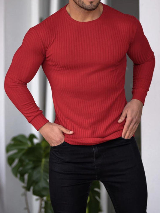 Fitness casual elastic vertical stripe round neck long-sleeved T-shirt