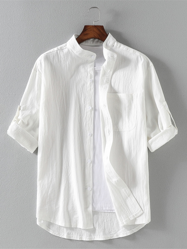 Men's casual solid color stand collar short sleeve shirt