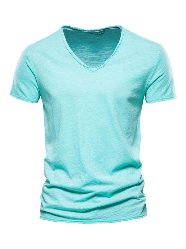 Men's New Solid Color Slub Cotton V-Neck Short Sleeve T-Shirt