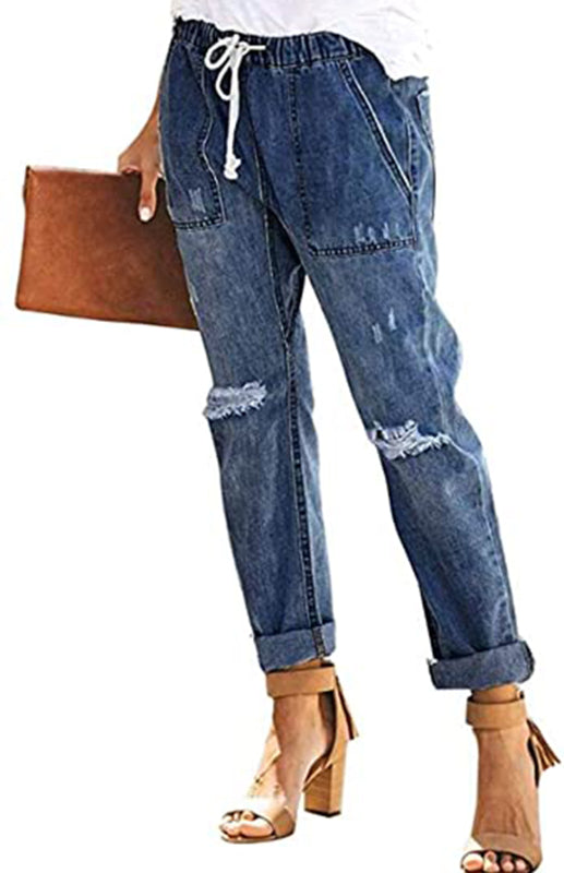 Ladies Fashion Elastic Waist Drawstring Jeans