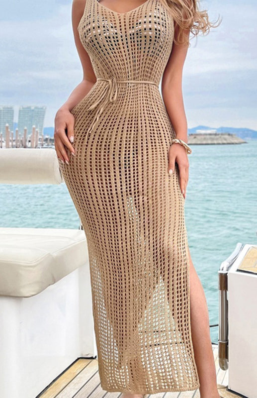 Sexy V-Neck Hollow Backless Hem Slit Sleeveless Dress Bikini Knit Cover-Up