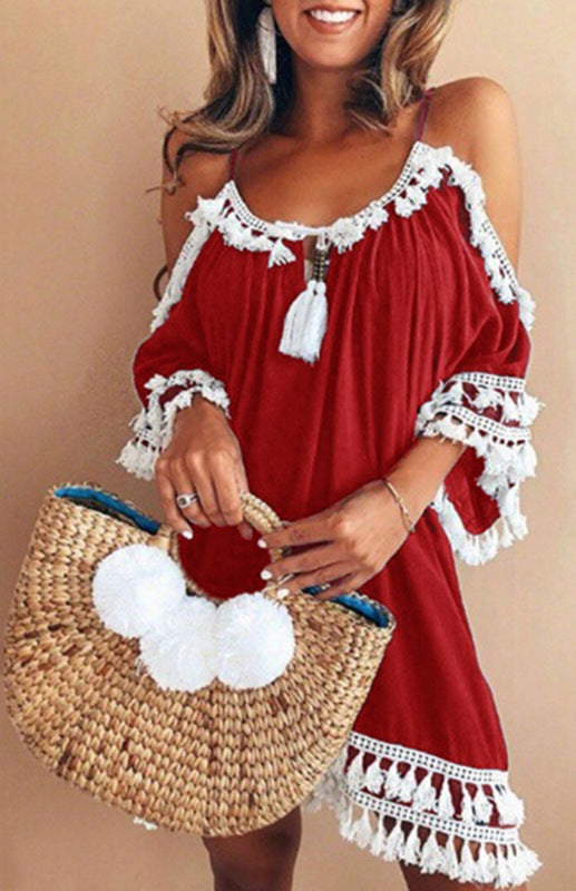 Women's Halter Off Shoulder Fringed Dress