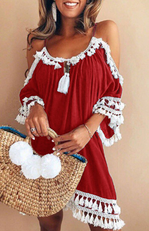 Women's Halter Off Shoulder Fringed Dress