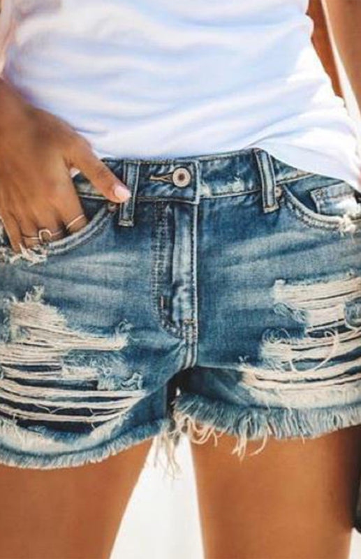 Women's High-Waisted, Fringed, Cut-Out Denim Shorts