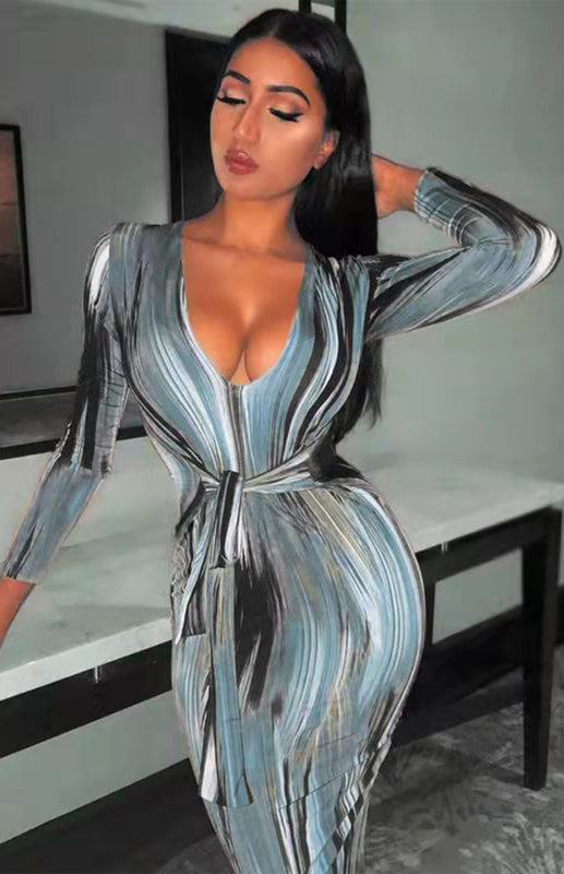 Sexy Printed Long-Sleeved V-Neck Dress