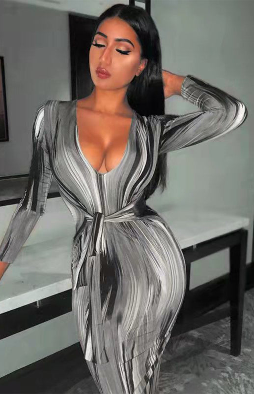 Sexy Printed Long-Sleeved V-Neck Dress