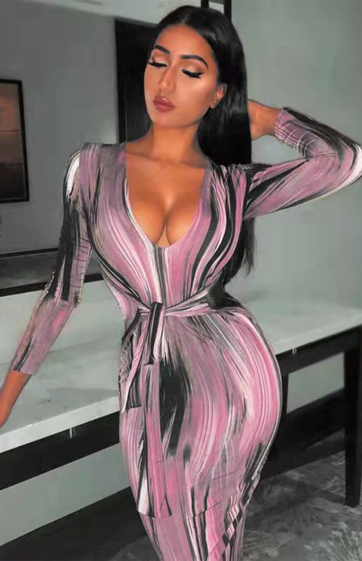 Sexy Printed Long-Sleeved V-Neck Dress